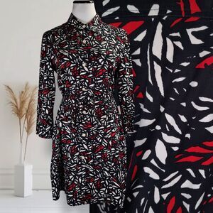 St. John Sport Mini Shirt Dress Size M Black Abstract Geo Print Belted Roll Tab